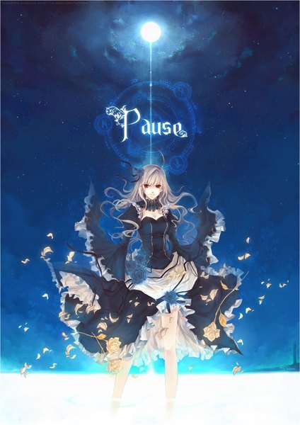 Anime picture 1200x1697 with original sinsora (pixiv) single tall image blonde hair smile red eyes sky hair flower magic girl dress hair ornament flower (flowers) plant (plants) rose (roses) moon star (stars) blue rose magic circle