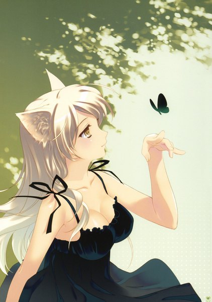 Anime picture 1407x2000 with bakemonogatari shaft (studio) monogatari (series) hanekawa tsubasa black hanekawa santa matsuri single long hair tall image blush breasts smile large breasts bare shoulders brown eyes animal ears yellow eyes looking away cleavage white hair