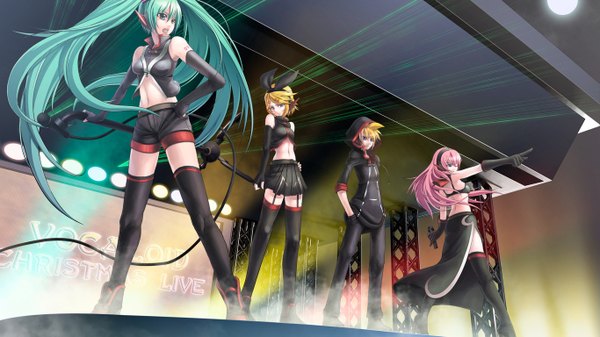 Anime picture 1366x768 with vocaloid hatsune miku megurine luka kagamine rin kagamine len long hair short hair blue eyes blonde hair wide image bare shoulders pink hair one eye closed aqua eyes wink aqua hair smoke girl thighhighs skirt