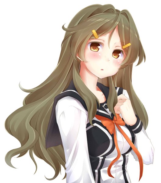 Anime picture 1201x1364 with vividred operation shinomiya himawari single long hair tall image blush simple background brown hair white background yellow eyes girl uniform school uniform