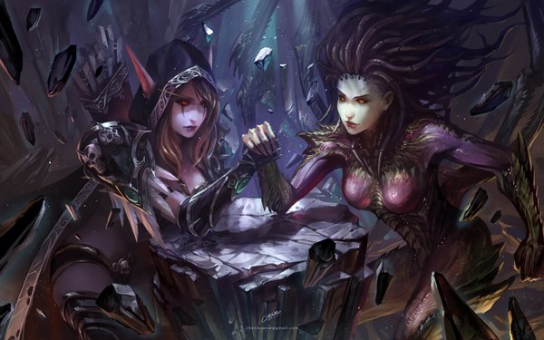 イラスト 1600x1000 と world of warcraft starcraft blizzard entertainment sylvanas windrunner sarah kerrigan chenbo 長髪 赤面 おっぱい 黒髪 金髪 赤い目 大きな乳房 multiple girls 黄色眼 cleavage light smile lips エルフ耳 sunlight