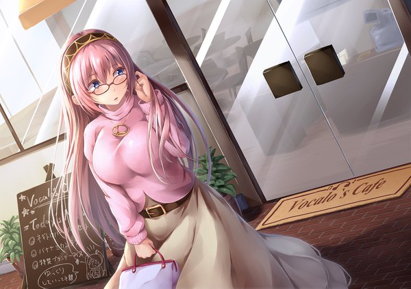 Anime picture 1500x1059 with vocaloid megurine luka bit (keikou syrup) single long hair blush fringe breasts open mouth blue eyes hair between eyes large breasts looking away pink hair outdoors dutch angle adjusting hair bespectacled waiting girl