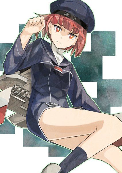 Anime picture 724x1023 with kantai collection z3 destroyer (max schultz) rano single tall image looking at viewer short hair red eyes white background bent knee (knees) red hair blunt bangs girl uniform socks serafuku black socks beret