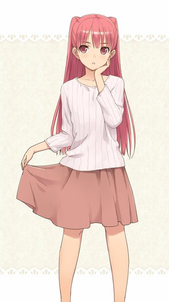 Anime picture 569x1013 with original morisawa haruyuki single long hair tall image looking at viewer blush fringe standing twintails pink hair parted lips pink eyes hand on face girl skirt