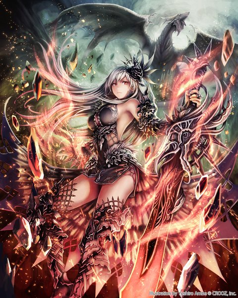 Anime picture 1279x1600 with shinma x keishou! ragnabreak original anbe yoshirou single long hair tall image looking at viewer red eyes silver hair girl dress hair ornament weapon detached sleeves sword thigh boots fire dragon