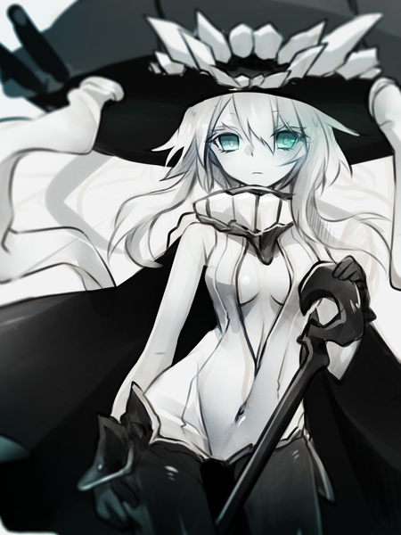 Anime picture 1500x2000 with kantai collection wo-class aircraft carrier orqz (artist) single long hair tall image light erotic green eyes silver hair teeth covered navel cleavage cutout pale skin sharp teeth frown shinkaisei-kan girl gloves swimsuit hat