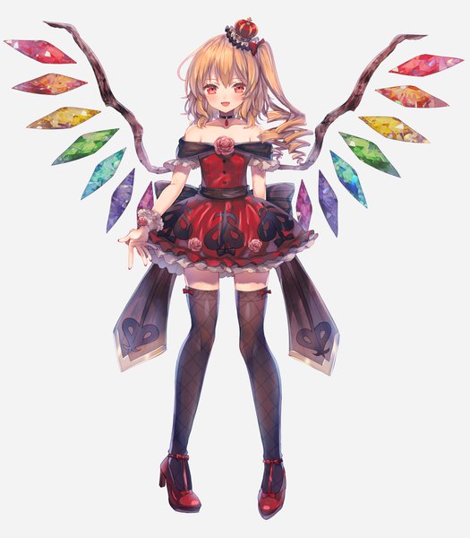 Anime picture 1376x1573 with touhou flandre scarlet abandon ranka single long hair tall image looking at viewer blush open mouth blonde hair simple background smile red eyes standing bare shoulders full body fingernails grey background high heels alternate costume