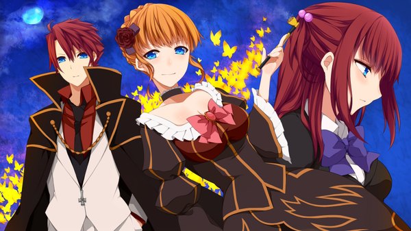 Anime picture 1920x1080 with umineko no naku koro ni beatrice ushiromiya battler ushiromiya ange nemu (nebusokugimi) long hair highres short hair blue eyes wide image multiple girls red hair hair flower orange hair girl dress boy hair ornament bow 2 girls