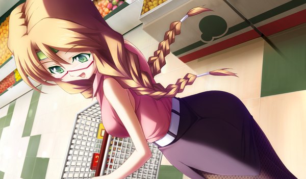 Anime picture 1024x600 with jinki feel (studio) long hair open mouth wide image twintails green eyes game cg orange hair girl glasses