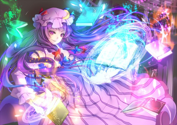 Anime picture 1200x849 with touhou patchouli knowledge aoi (kirabosi105) single long hair purple eyes purple hair magic girl dress bow hair bow book (books) bonnet magic circle