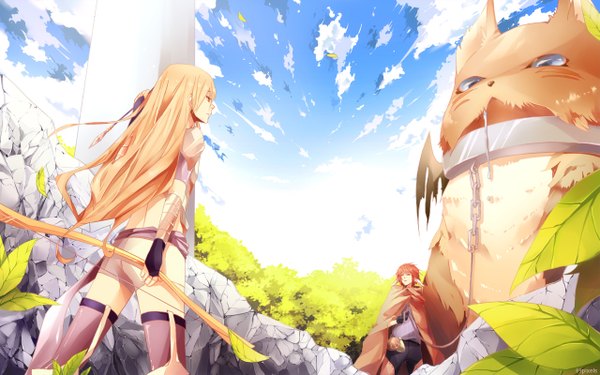 Anime picture 1280x800 with original 89pixels long hair short hair blonde hair wide image animal ears cloud (clouds) red hair from behind group rock giant animal girl thighhighs boy gloves weapon plant (plants) animal