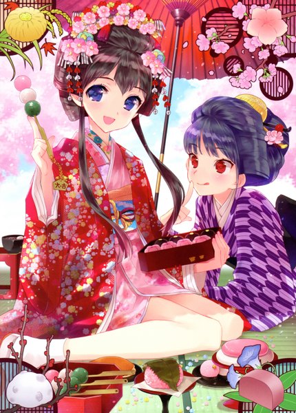 Anime picture 4092x5712 with kasukabe akira tall image looking at viewer blush highres short hair open mouth blue eyes black hair red eyes multiple girls blue hair absurdres traditional clothes japanese clothes :p yagasuri girl flower (flowers) 2 girls