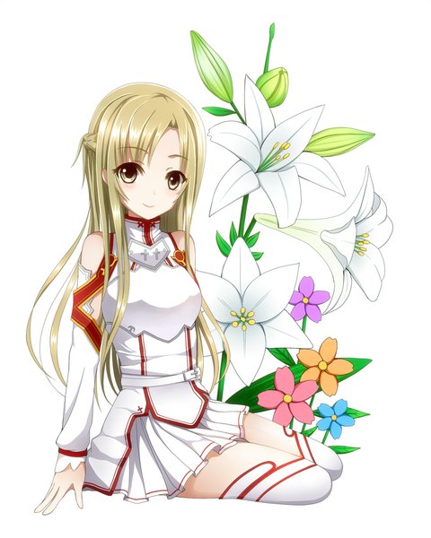 Anime picture 800x1000 with sword art online a-1 pictures yuuki asuna soraneko93 long hair tall image blush blonde hair simple background smile white background bare shoulders yellow eyes girl thighhighs flower (flowers) detached sleeves white thighhighs