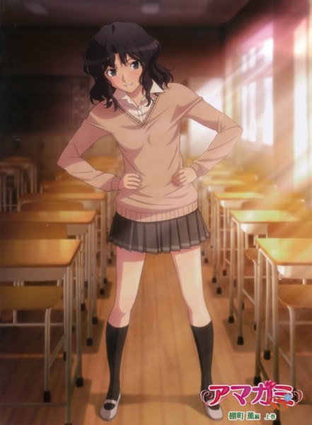 Anime picture 3231x4397 with amagami tanamachi kaoru single tall image highres short hair black hair smile absurdres black eyes classroom girl skirt miniskirt socks serafuku