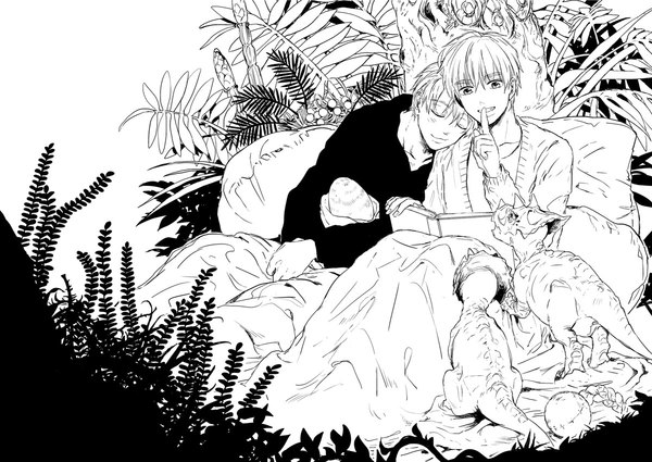 Anime picture 1199x850 with axis powers hetalia studio deen united kingdom (hetalia) america (hetalia) blush fringe short hair smile white hair lips multiple boys finger to mouth monochrome eyebrows sleeping boy plant (plants) tree (trees) pillow book (books)