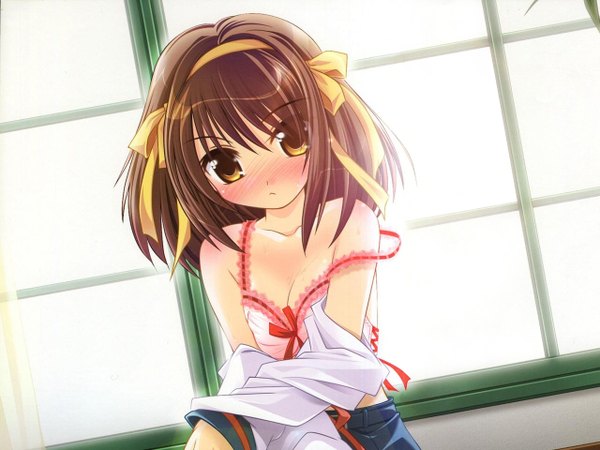 Anime picture 1280x960 with suzumiya haruhi no yuutsu kyoto animation suzumiya haruhi blush light erotic brown hair yellow eyes undressing girl uniform school uniform lingerie bra window pink bra