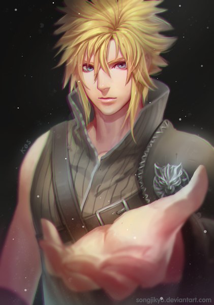 Anime picture 608x866 with final fantasy final fantasy vii square enix cloud strife songjikyo single tall image looking at viewer fringe blue eyes blonde hair simple background outstretched arm black background boy clothes