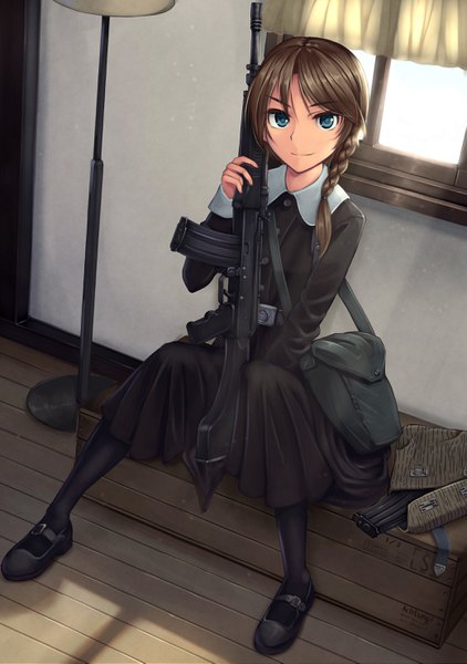 Anime picture 2079x2953 with original dreadtie single long hair tall image looking at viewer highres blue eyes brown hair sitting full body bent knee (knees) indoors braid (braids) from above girl dress skirt weapon pantyhose
