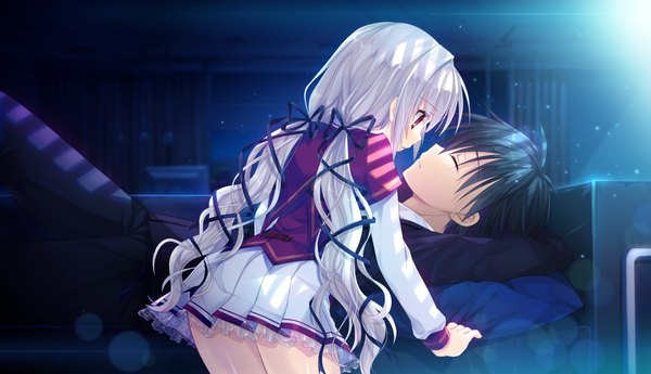 イラスト 1320x760 と primal x hearts tenjindaira haruhi 長髪 短い髪 黒髪 赤い目 wide image ツインテール game cg white hair lying eyes closed couple almost kiss 女の子 男性 制服 リボン ヘアリボン 学生服