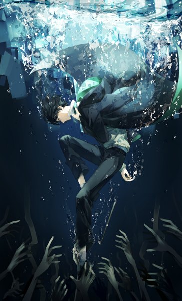 Anime picture 668x1100 with harry potter regulus black mst single tall image short hair black hair bent knee (knees) profile black eyes looking down underwater boy uniform school uniform bubble (bubbles) hands wand