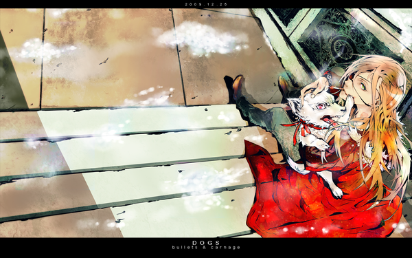 Anime picture 1280x800 with dogs: bullets & carnage david production badou nails kuon (uzausa) single long hair wide image green eyes pink eyes looking back from above orange hair smoking boy ribbon (ribbons) animal eyepatch cigarette dog bench