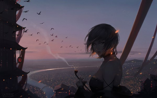 Anime picture 1920x1200 with guweiz single looking at viewer highres short hair blue eyes black hair bare shoulders lips city cityscape city lights girl animal bird (birds) pipe kiseru
