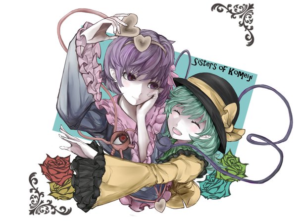 Anime picture 1920x1428 with touhou komeiji koishi komeiji satori yutapon highres short hair open mouth simple background smile white background purple eyes multiple girls holding looking away purple hair upper body eyes closed long sleeves arm up green hair