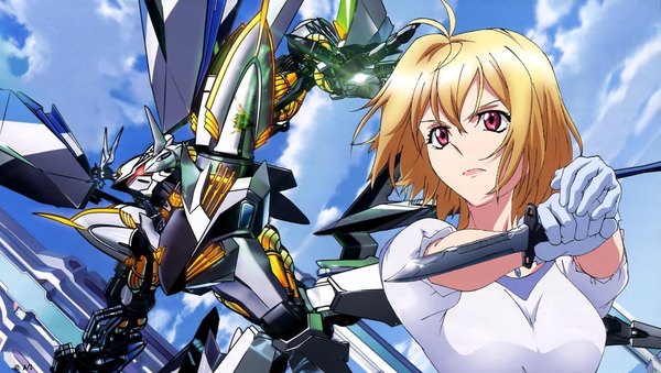 Anime picture 1909x1080 with cross ange sunrise (studio) angelise ikaruga misurugi single fringe highres short hair breasts blonde hair red eyes wide image looking away sky cloud (clouds) ahoge wind lips from below short sleeves serious