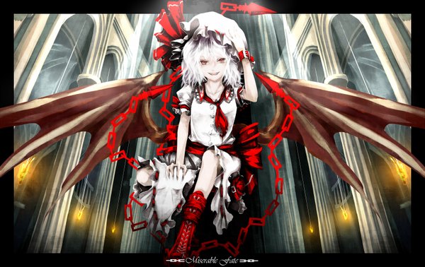Anime picture 1532x966 with touhou remilia scarlet fujinohara akihira single looking at viewer short hair smile red eyes white hair teeth fang (fangs) bat wings girl dress bow wings chain bonnet sash torch