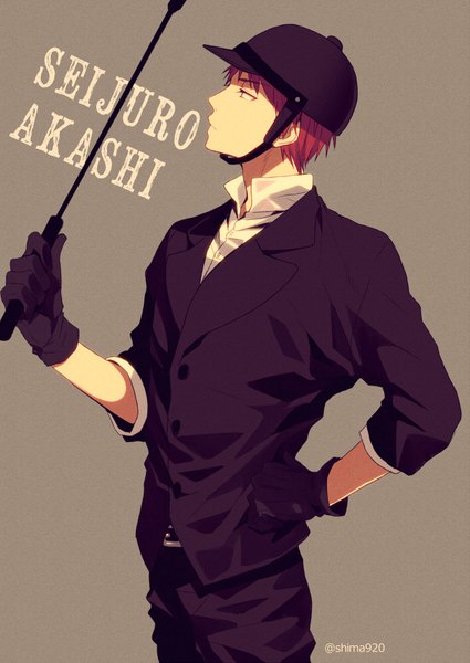 Anime picture 600x847 with kuroko no basket production i.g akashi seijuurou mashima shima single tall image short hair simple background red eyes signed looking away red hair profile grey background alternate costume hand on hip character names boy gloves black gloves