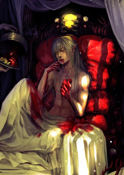 Anime picture 2480x3507 with genki-de single long hair tall image highres sitting yellow eyes nail polish fingernails pointy ears grey hair scar topless long fingernails guro boy earrings blood curtains skull