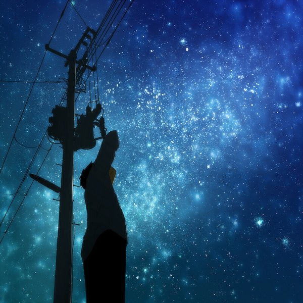 Anime picture 800x800 with original kurokii single short hair standing sky night night sky looking up shirt star (stars) pants power lines cable