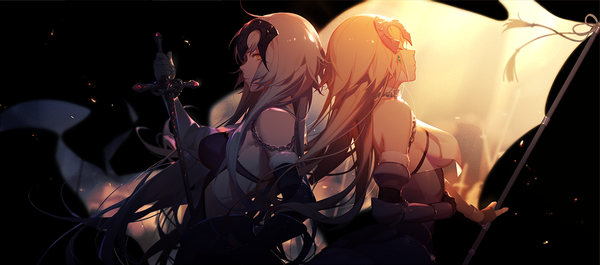 Anime picture 1200x530 with fate (series) fate/grand order fate/apocrypha jeanne d'arc (fate) (all) jeanne d'arc alter (fate) jeanne d'arc (fate) jeanne d'arc alter (avenger) (third ascension) (fate) ask (askzy) long hair light erotic blonde hair wide image bare shoulders multiple girls yellow eyes looking away ahoge upper body eyes closed profile