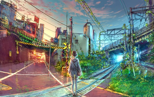 Anime picture 2000x1273 with original yuumei single highres short hair brown hair standing signed full body outdoors from behind sunlight zettai ryouiki watermark hieroglyph evening railroad crossing girl thighhighs plant (plants)