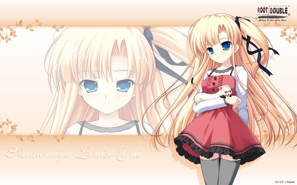 Anime picture 1920x1200 with root double sannomiya louise yui long hair highres blue eyes blonde hair wide image game cg one side up girl thighhighs dress ribbon (ribbons) black thighhighs hair ribbon animal