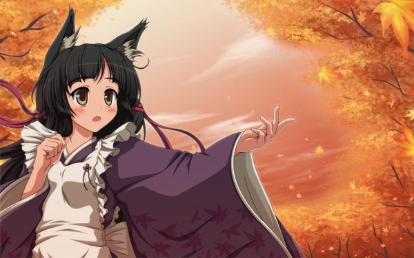 Anime picture 1280x800 with shira-nyoro single long hair blush black hair wide image brown eyes animal ears outstretched arm girl ribbon (ribbons) plant (plants) tree (trees) leaf (leaves) autumn leaves