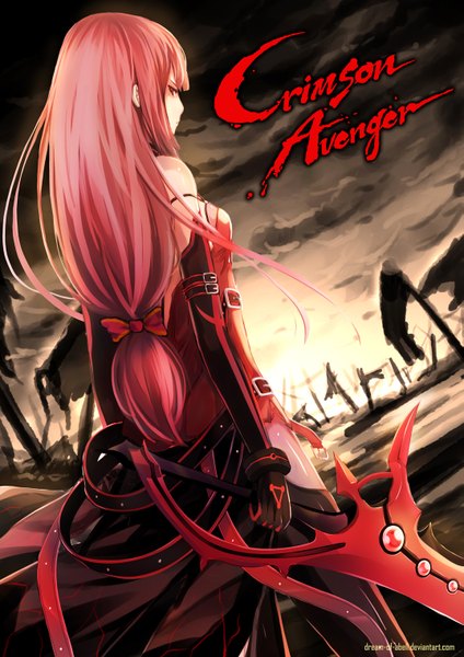 Anime picture 1075x1520 with elsword elesis (elsword) dream-of-abell single long hair tall image looking at viewer fringe red eyes holding red hair looking back from behind back girl dress gloves bow weapon hair bow