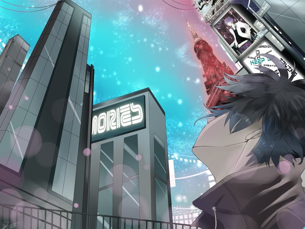 Anime picture 1500x1125 with original infinite-z short hair black hair night city looking up boy choker building (buildings) star (stars) tower