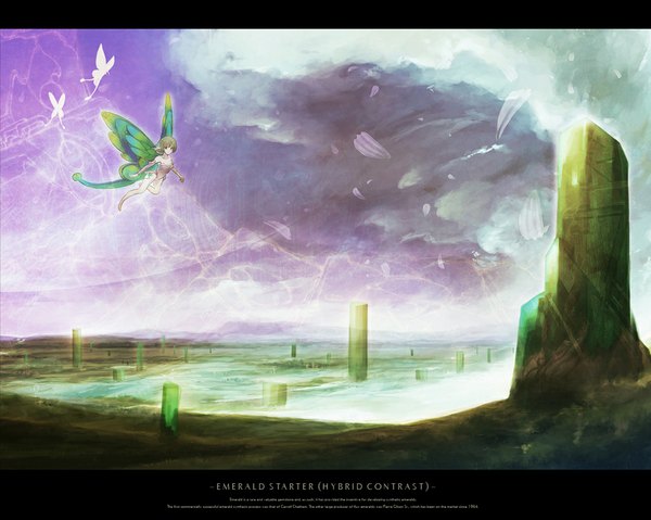 Anime picture 1024x819 with original rel short hair blonde hair sky cloud (clouds) pointy ears landscape fantasy silhouette fog fairy girl gloves petals wings insect butterfly obelisk