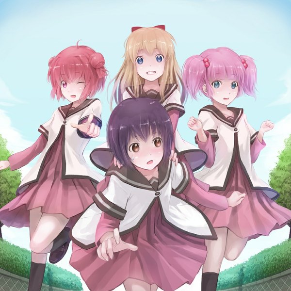 Anime picture 1000x1000 with yuru yuri doga kobo toshinou kyouko akaza akari yoshikawa chinatsu funami yui lif (lif-ppp) long hair blush short hair open mouth blue eyes black hair blonde hair twintails multiple girls brown eyes pink hair sky pink eyes