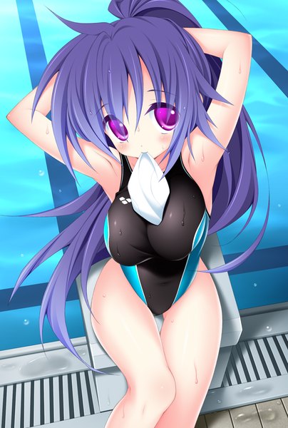 Anime picture 674x1000 with original hisane (takehiro-taira) single long hair tall image blush light erotic smile purple eyes holding purple hair ponytail armpit (armpits) wet mouth hold arms behind head girl swimsuit water one-piece swimsuit