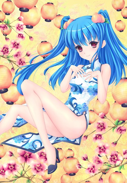 Anime picture 835x1200 with touhou hinanawi tenshi fred0092 single long hair tall image looking at viewer light erotic red eyes blue hair two side up chinese clothes girl flower (flowers) fruit chinese dress peach