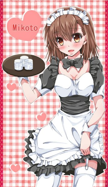 Anime picture 604x1042 with to aru kagaku no railgun to aru majutsu no index j.c. staff misaka mikoto hiro (hirohiro31) single tall image looking at viewer blush fringe short hair open mouth hair between eyes brown hair standing holding brown eyes maid puffy sleeves character names