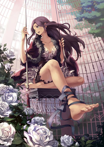 Anime picture 700x990 with original comet (teamon) single long hair tall image open mouth brown hair sitting brown eyes looking away bent knee (knees) barefoot sunlight bare legs from below no shoes girl dress flower (flowers) ribbon (ribbons)