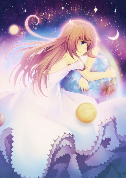 Anime picture 636x900 with original longestdistance single long hair tall image blue eyes brown hair bare shoulders looking back crescent girl dress frills white dress moon star (stars) planet earth