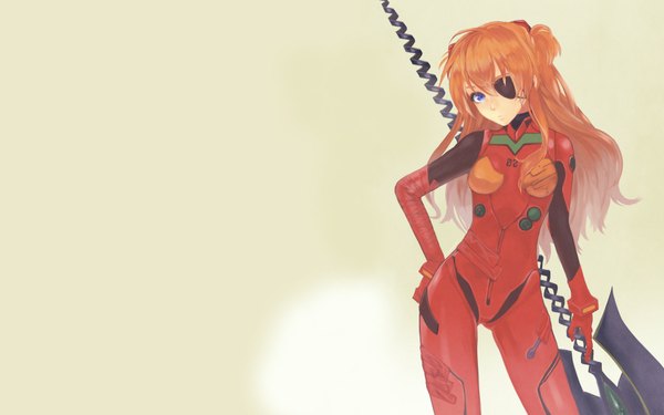 Anime picture 1920x1200 with neon genesis evangelion rebuild of evangelion evangelion: 2.0 you can (not) advance gainax soryu asuka langley uka (pixiv) single long hair highres blue eyes simple background wide image orange hair hand on hip girl weapon eyepatch spear pilot suit