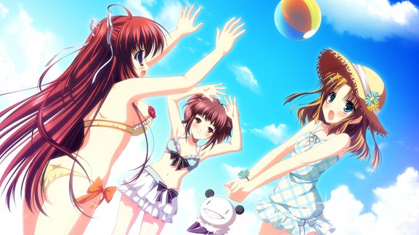 Anime picture 1024x576 with uni. special limited edition (game) long hair blush short hair open mouth blue eyes brown hair wide image purple eyes multiple girls brown eyes game cg red hair girl swimsuit bikini 3 girls beachball
