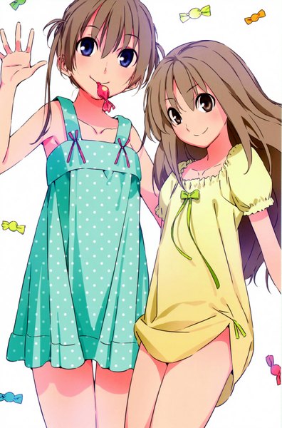 Anime picture 2145x3250 with memories off memories off yubikiri no kioku amakawa chinatsu orihime hoshitsuki morii shizuki long hair tall image looking at viewer blush highres short hair blue eyes smile brown hair standing white background multiple girls brown eyes scan sleeveless