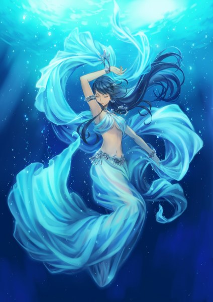 Anime picture 707x1000 with original kato ayaka single long hair tall image breasts black hair eyes closed light smile midriff sleeveless underboob underwater dancing dancer girl skirt navel hair ornament earrings