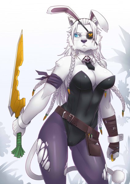 Anime picture 1500x2121 with league of legends rengar (league of legends) exaxuxer single tall image breasts blue eyes light erotic large breasts animal ears looking away tail animal tail bunny ears torn pantyhose genderswap girl pantyhose necktie belt